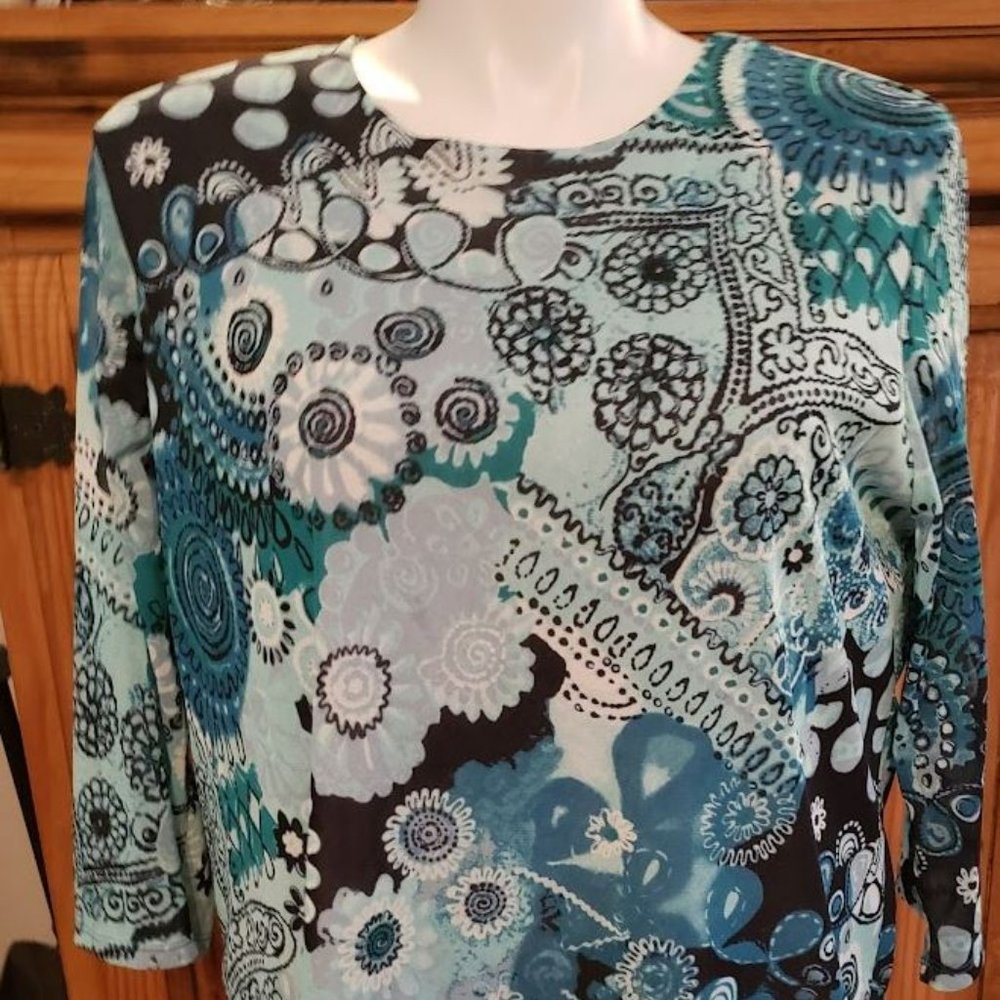 Pappagallo Womens Top 2X  Tunic Scoop Neck Blue Teal Print Blouse 3/4 Sl…